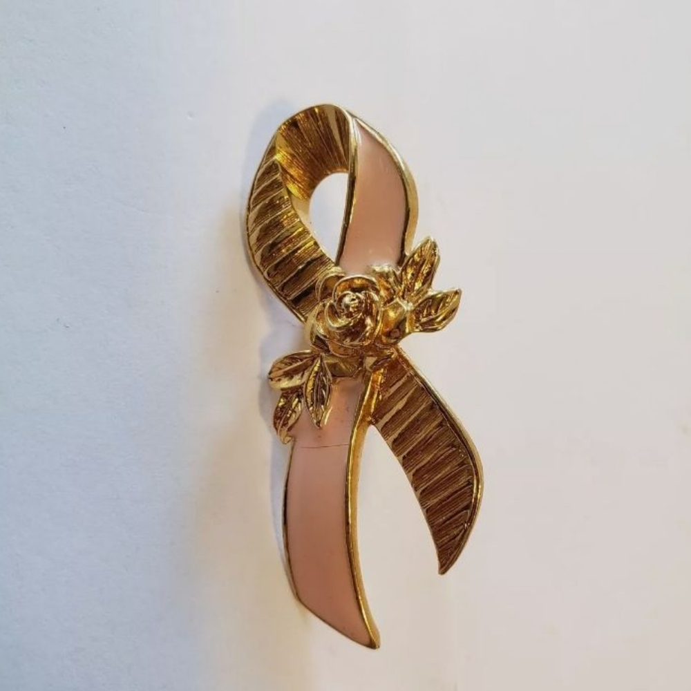 Vintage Avon Pin Brooch Pink Ribbon Rose Breast Cancer Awareness EnamelGold Tone